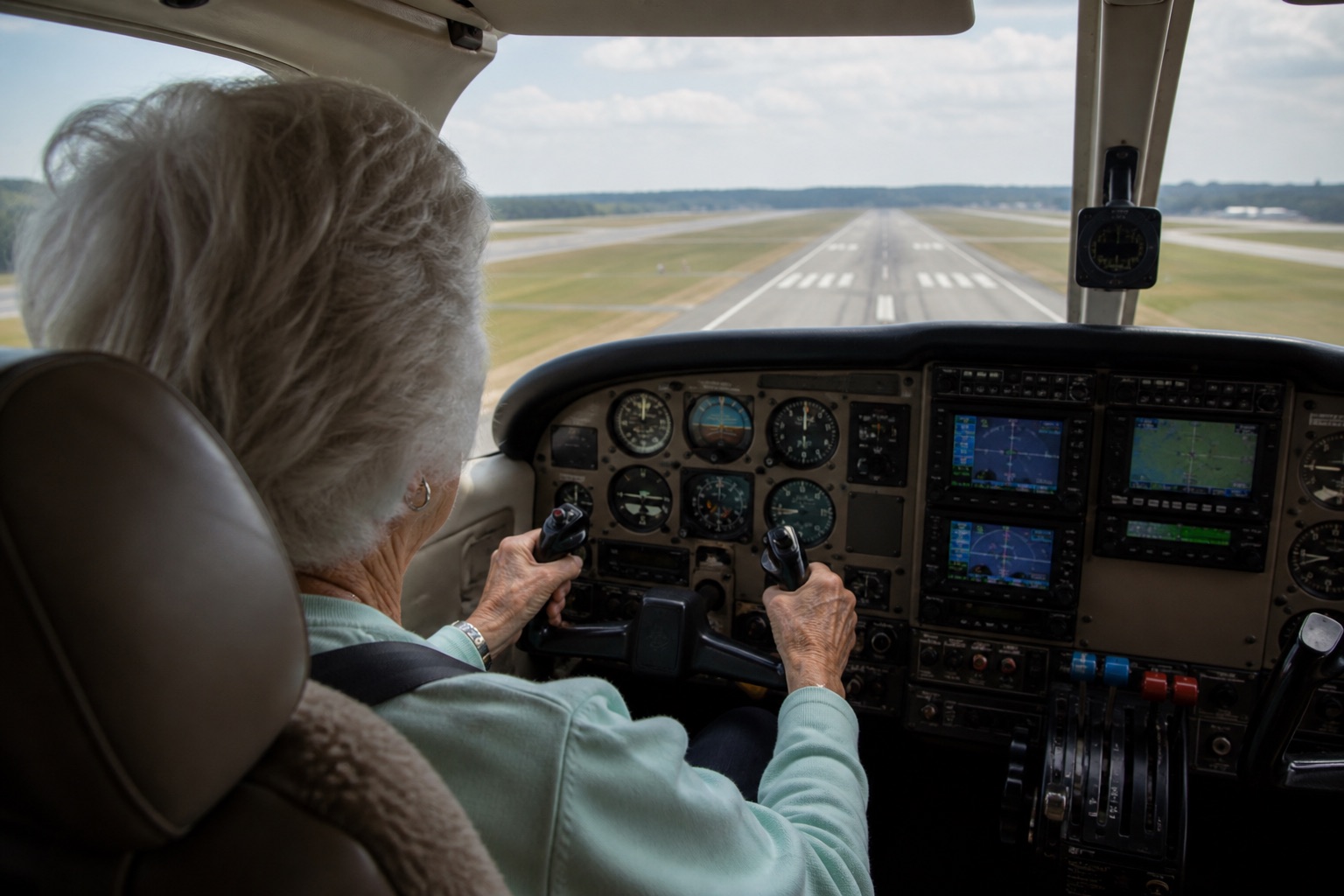 Recreación visual de una mujer mayor tomando los mandos de una avioneta