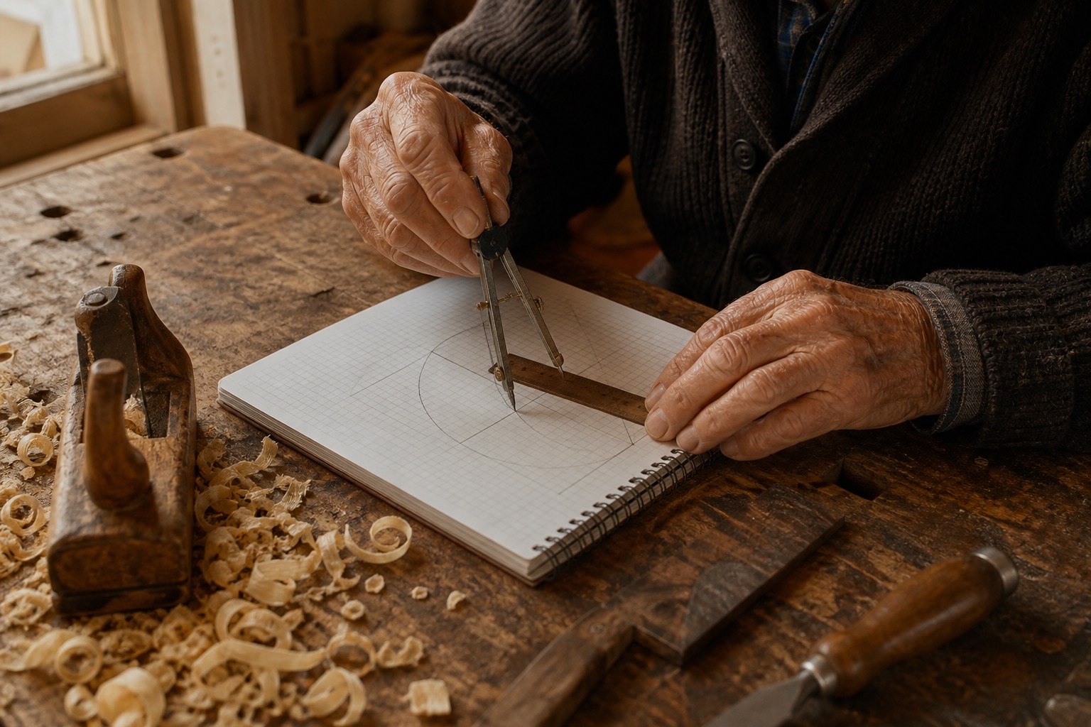 Recreación visual de las manos de un carpintero mayor estudiando geometría