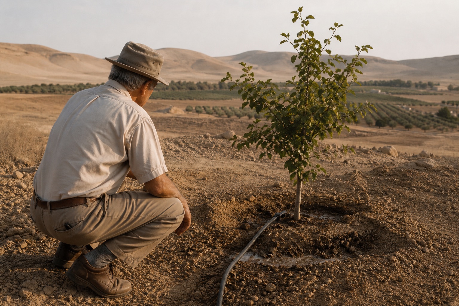 Recreación visual de un ingeniero observando un árbol irrigado en el desierto